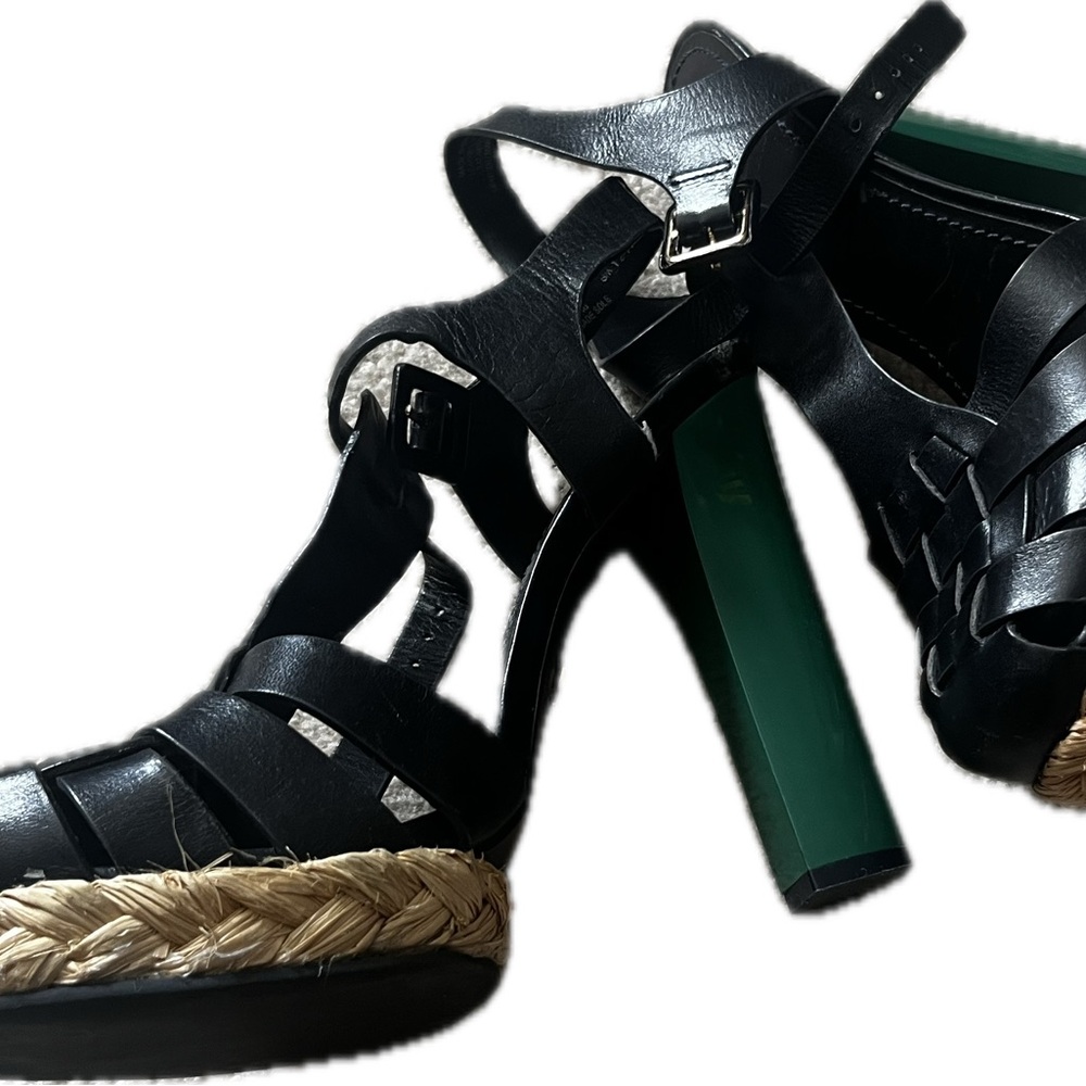 Black Leather Tory Burch Strappy Block Heels